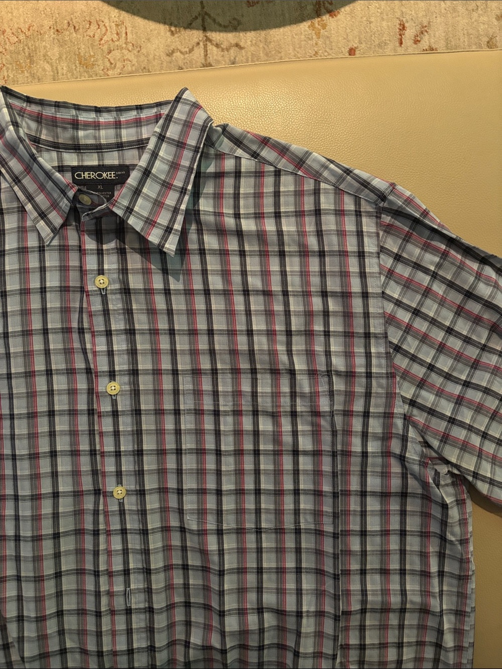 Cherokee Men’s Gray and Blue Plaid Button-Down Shirt with Red Accents